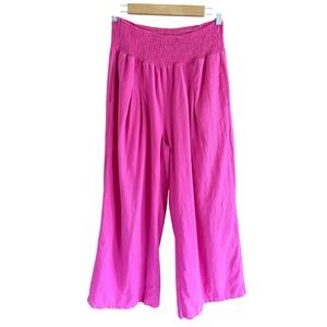 Hot Pink Cotton Linen Wide Leg Smocked Waist Pleated Pants Womens Large